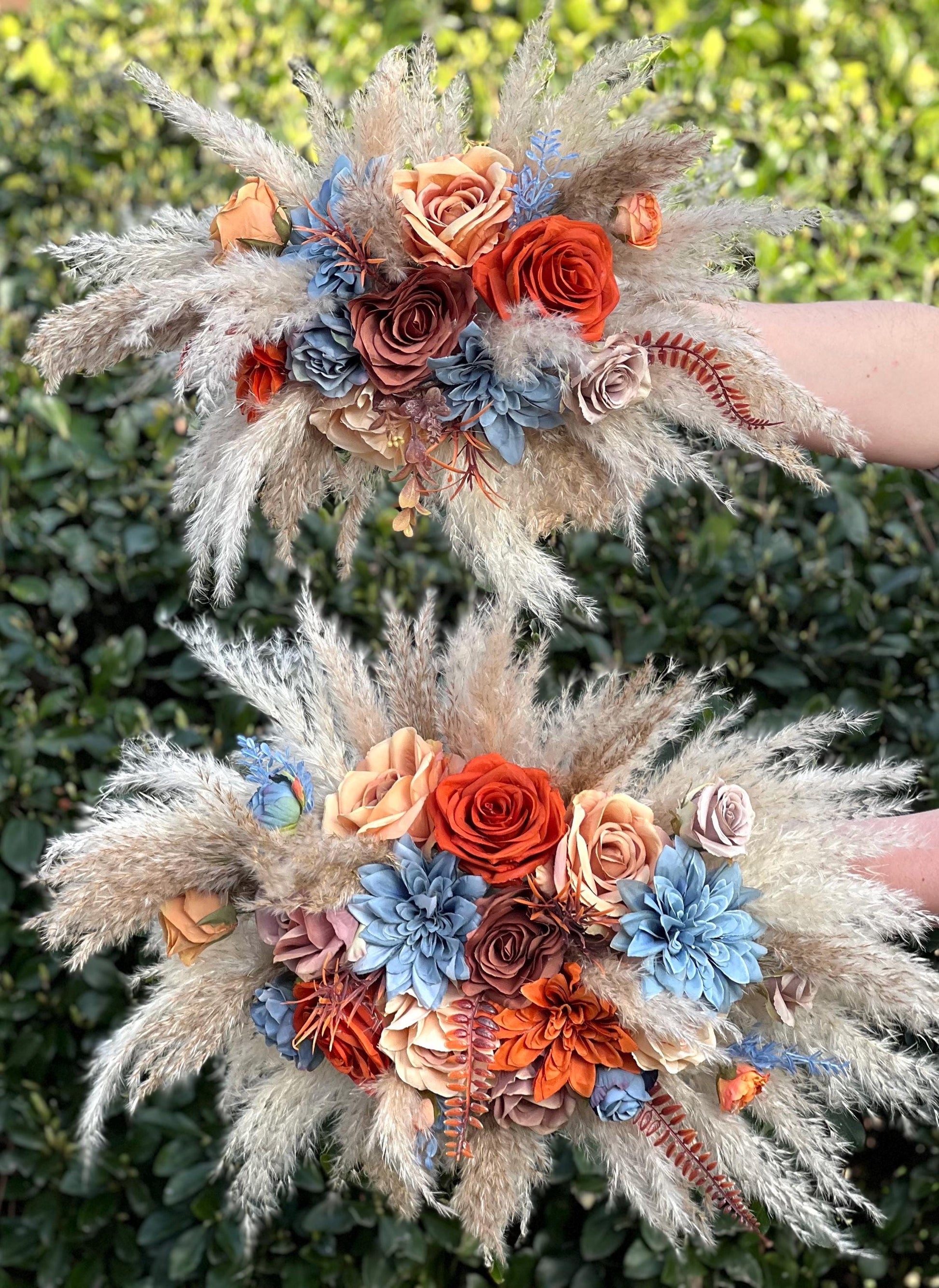 Orange Blue Arch Arrangement Wedding Boho Dusty Blue Rust Arbor Arrangement Terracotta Dusty Blue Arch Arrangement Brown Burnt Orange Pampas
