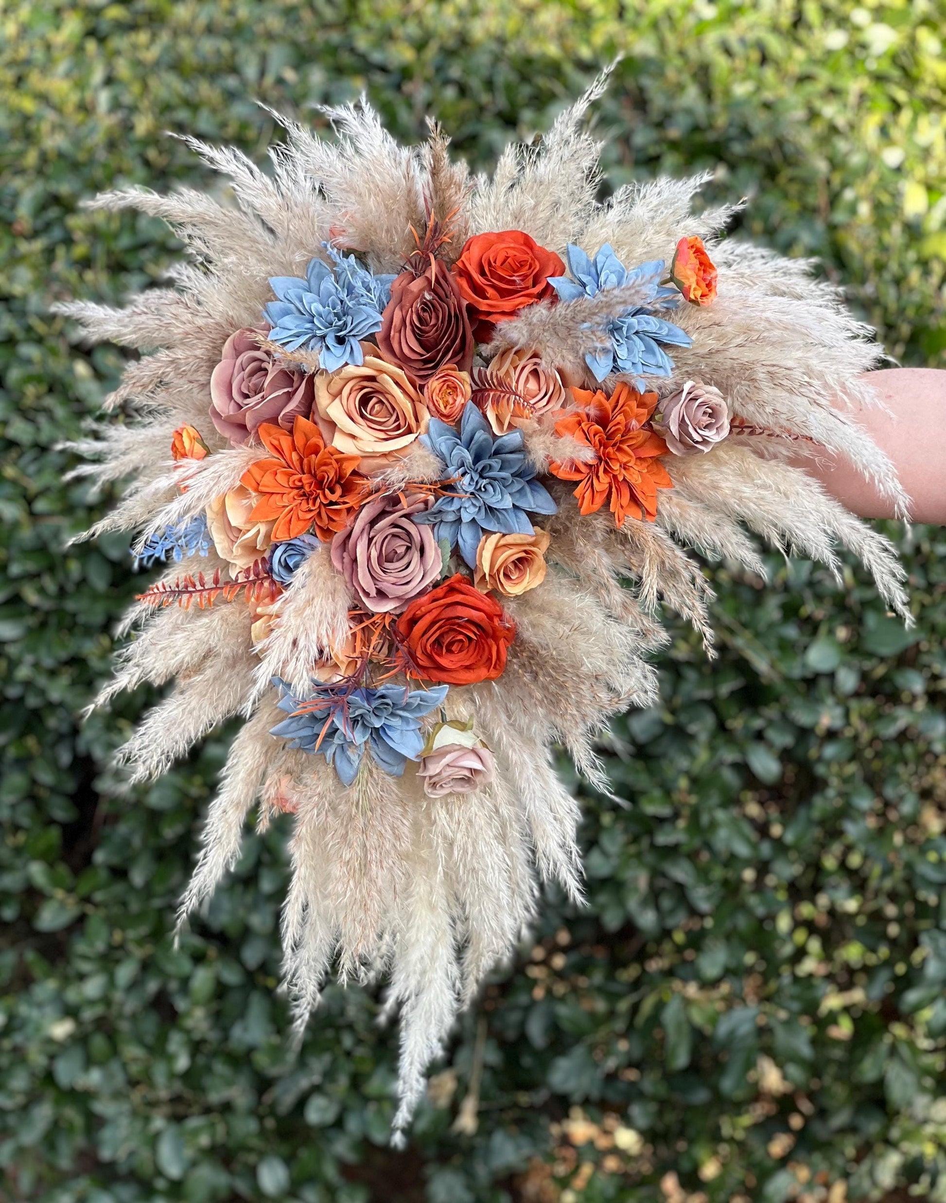 Orange Blue Arch Arrangement Wedding Boho Dusty Blue Rust Arbor Arrangement Terracotta Dusty Blue Arch Arrangement Brown Burnt Orange Pampas