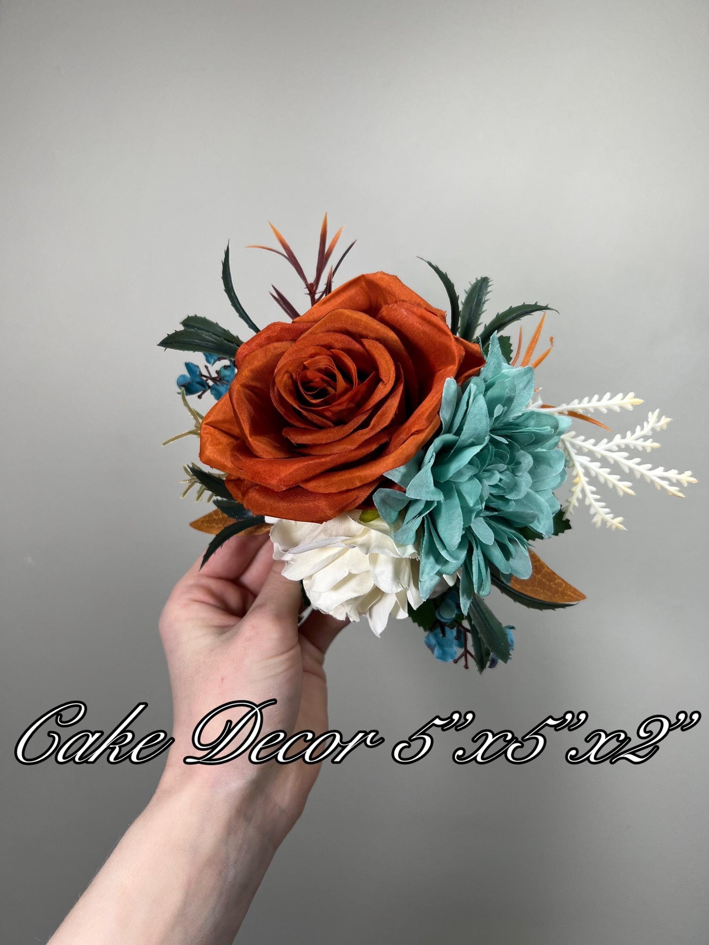 Teal Rust Cake Decoration Wedding Teal Cake Topper Teal Rust White Wedding Cake Decoration Flower Rust Turquoise Artificial Topper Blue
