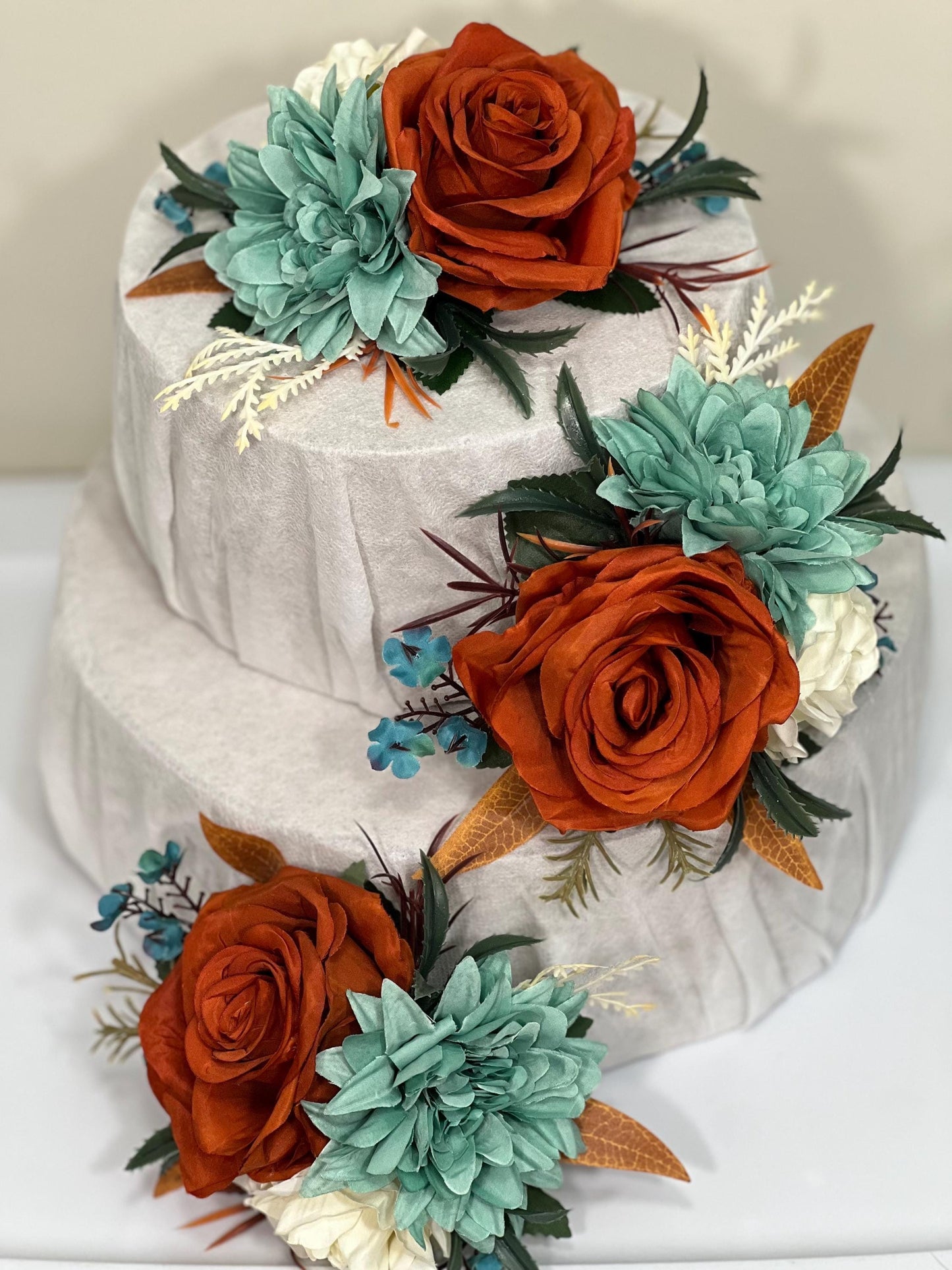 Teal Rust Cake Decoration Wedding Teal Cake Topper Teal Rust White Wedding Cake Decoration Flower Rust Turquoise Artificial Topper Blue