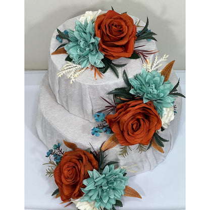 Teal Rust Cake Decoration Wedding Teal Cake Topper Teal Rust White Wedding Cake Decoration Flower Rust Turquoise Artificial Topper Blue