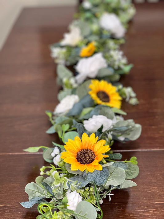 Sunflower Garland Wedding White Eucalyptus Garland Sunflower Greenery Table Runner White Sunflowers Mantle Garland Artificial Table Decor