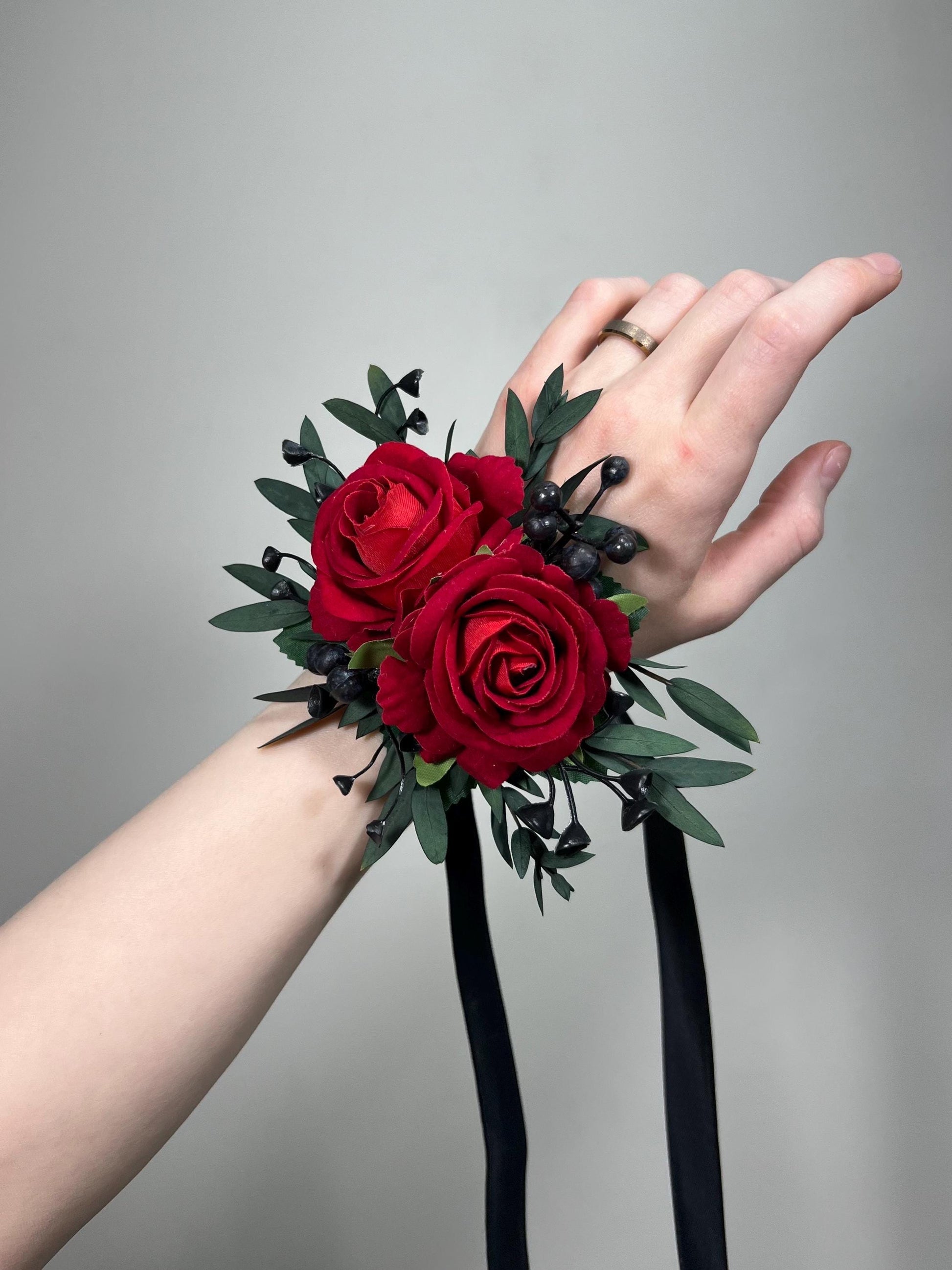 Red Corsage Wedding Wrist Corsage Dark Red Eucalyptus Bridesmaids Dark Red Corsage Prom Corsage Red Black Artificial Flower