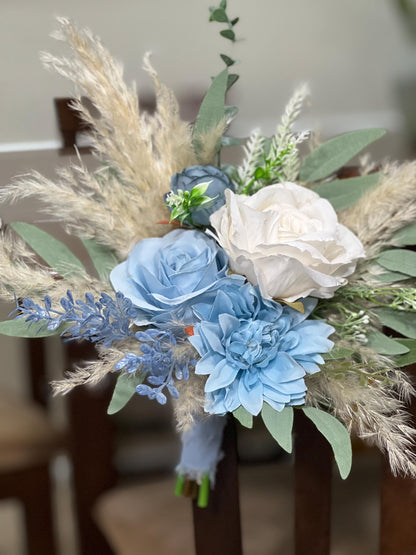 Pew Decor Blue White Wedding Dusty Blue Aisle Decoration Boho Ivory Ceremony Decor White Blue Chair Decor White Aisle Marker Pampas Grass
