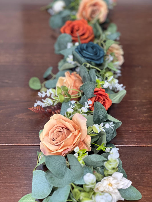 Dark Teal Orange Garland Wedding Terracotta Eucalyptus Garland Rust Teal Greenery Decor Table Runner Burnt Orange Mantle Garland Artificial