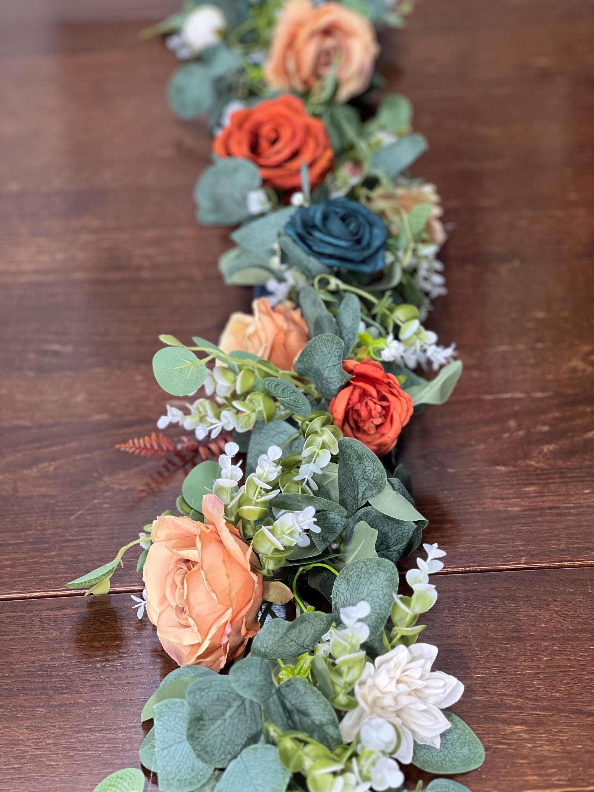 Dark Teal Orange Garland Wedding Terracotta Eucalyptus Garland Rust Teal Greenery Decor Table Runner Burnt Orange Mantle Garland Artificial