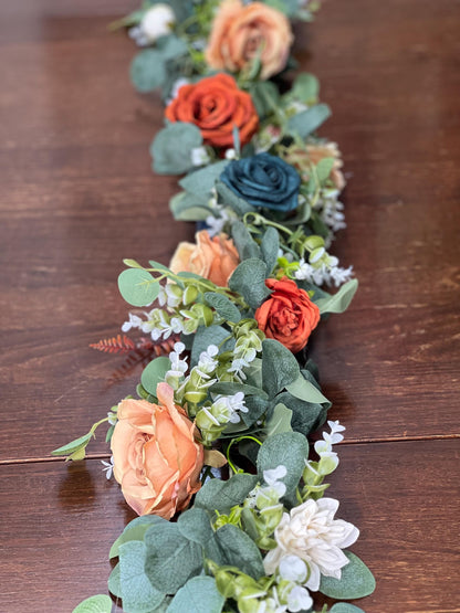 Dark Teal Orange Garland Wedding Terracotta Eucalyptus Garland Rust Teal Greenery Decor Table Runner Burnt Orange Mantle Garland Artificial