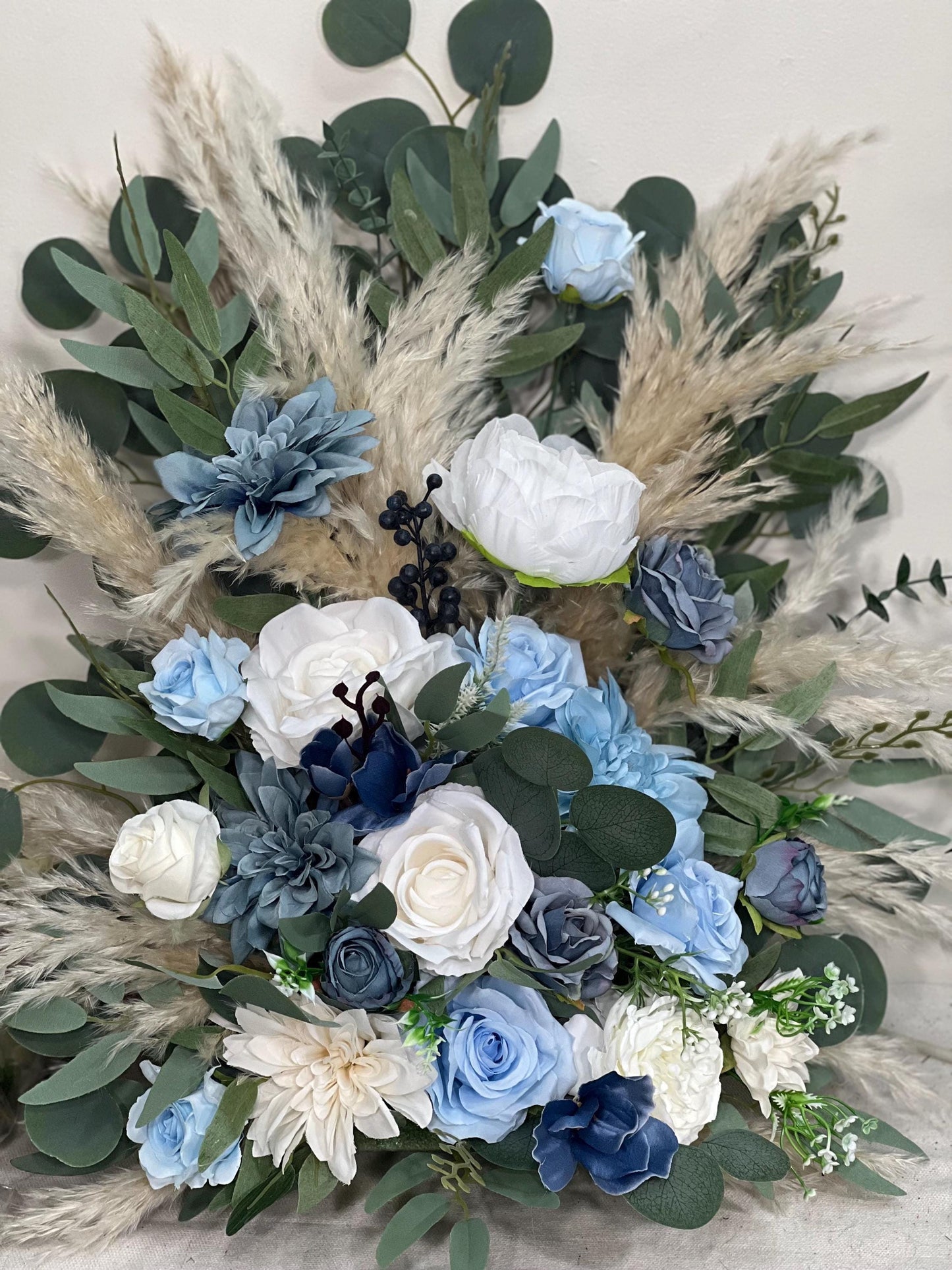 Wedding Aisle Marker Flower Floor Arrangement Whiskey Barrel Décor Blue Boho White Dusty Blue Ground Arch Ivory Blue Sky Pampas Grass