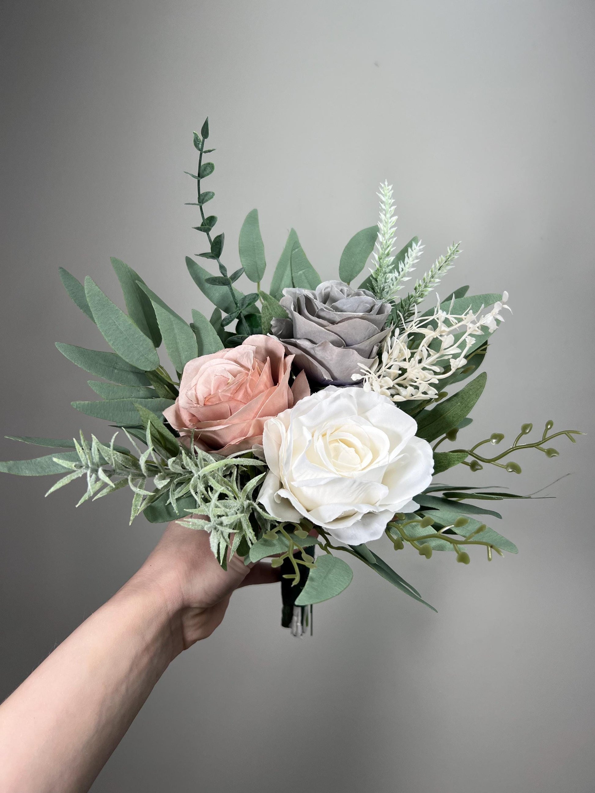 Grey Bouquet Wedding White Dusty Rose Gray Bouquet Bridal Bouquet Grey White Bridesmaids Bouquet Dusty Rose Eucalyptus Artificial Flowers