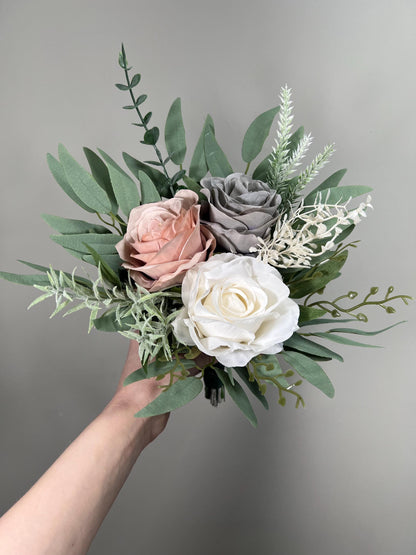 Grey Bouquet Wedding White Dusty Rose Gray Bouquet Bridal Bouquet Grey White Bridesmaids Bouquet Dusty Rose Eucalyptus Artificial Flowers