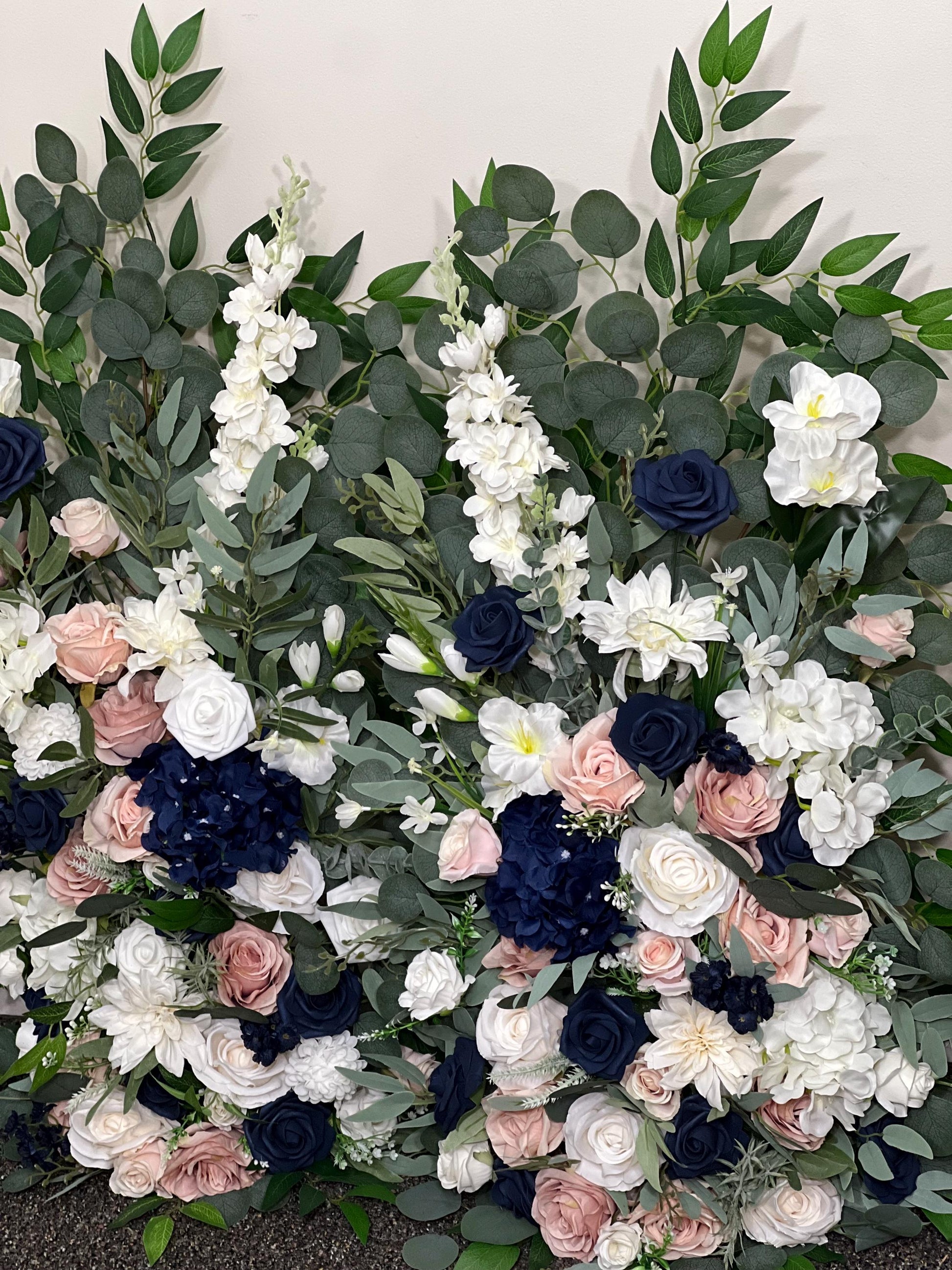 Wedding Aisle Marker Flower Floor Arrangement Whiskey Barrel Décor Dusty Rose Navy Blue White Ground Arch Blush Dark Blue