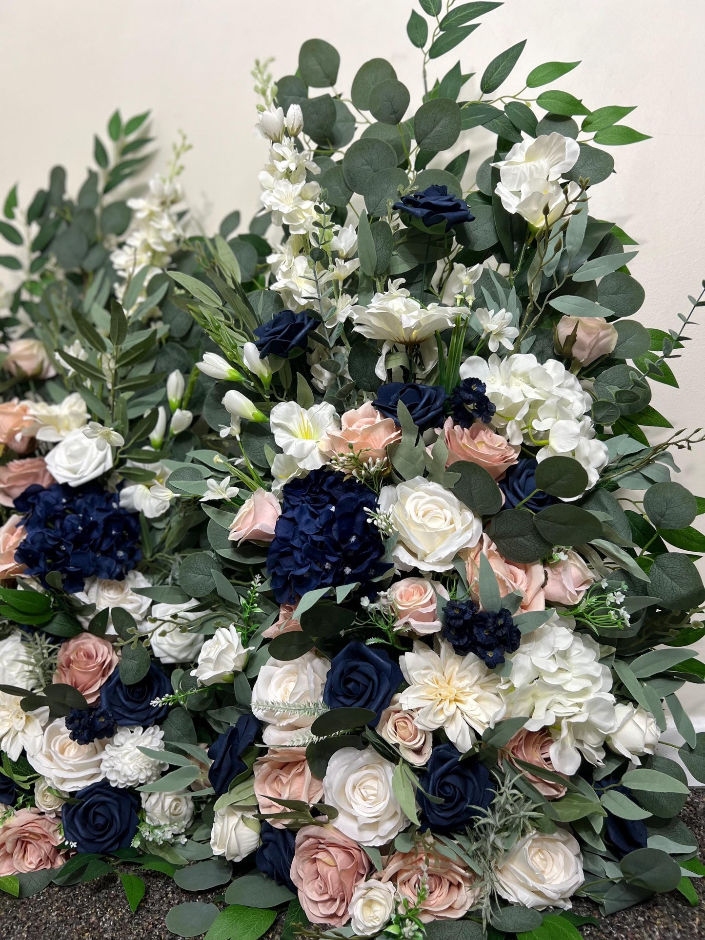 Wedding Aisle Marker Flower Floor Arrangement Whiskey Barrel Décor Dusty Rose Navy Blue White Ground Arch Blush Dark Blue