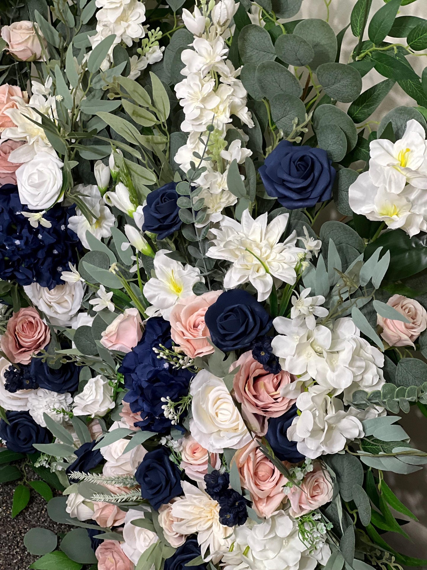 Wedding Aisle Marker Flower Floor Arrangement Whiskey Barrel Décor Dusty Rose Navy Blue White Ground Arch Blush Dark Blue