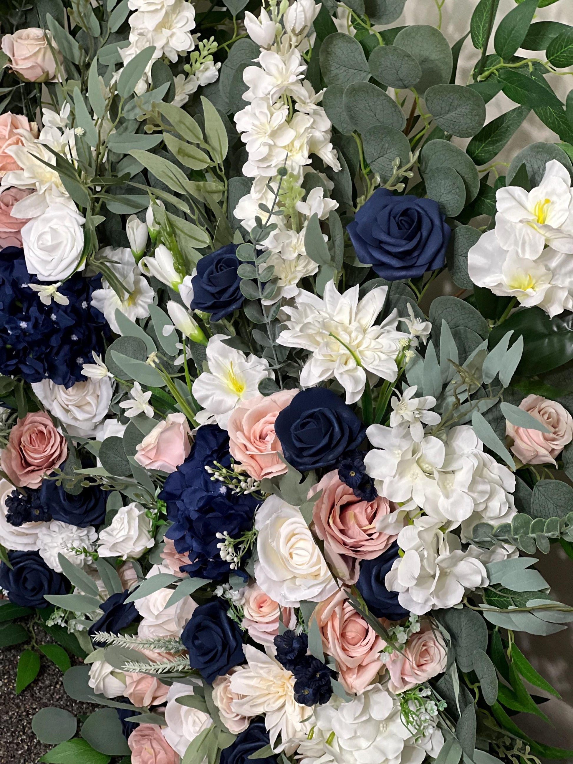 Wedding Aisle Marker Flower Floor Arrangement Whiskey Barrel Décor Dusty Rose Navy Blue White Ground Arch Blush Dark Blue