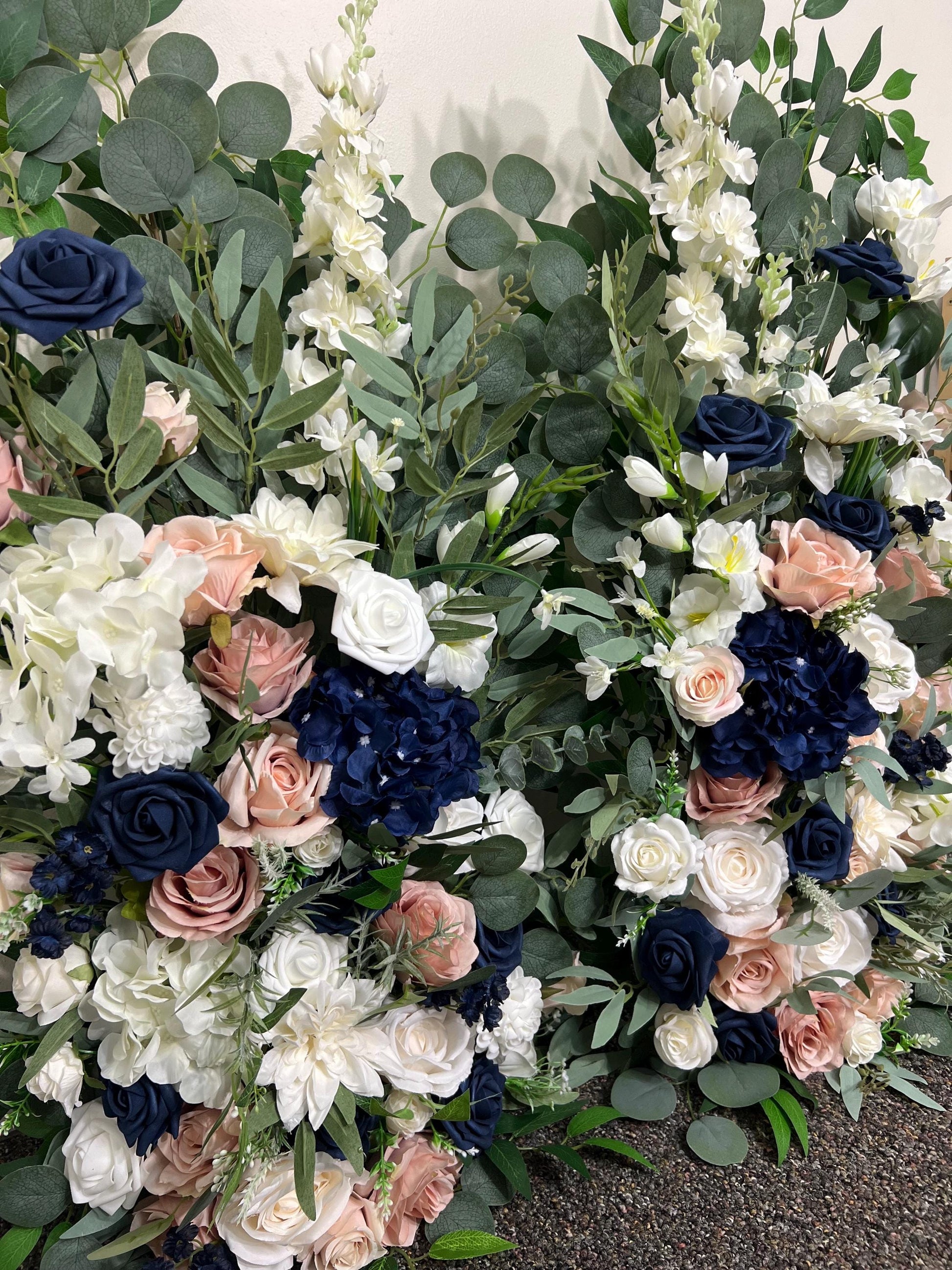 Wedding Aisle Marker Flower Floor Arrangement Whiskey Barrel Décor Dusty Rose Navy Blue White Ground Arch Blush Dark Blue