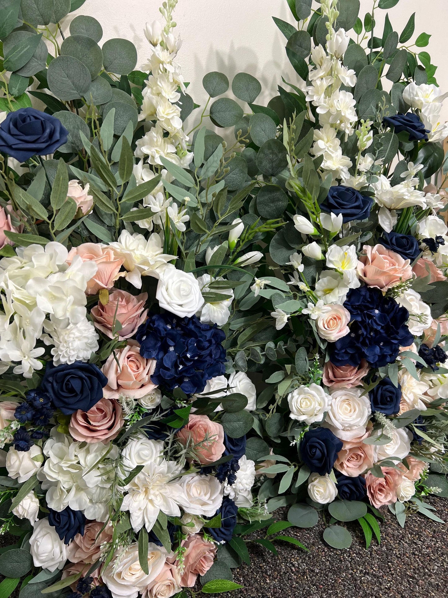 Wedding Aisle Marker Flower Floor Arrangement Whiskey Barrel Décor Dusty Rose Navy Blue White Ground Arch Blush Dark Blue