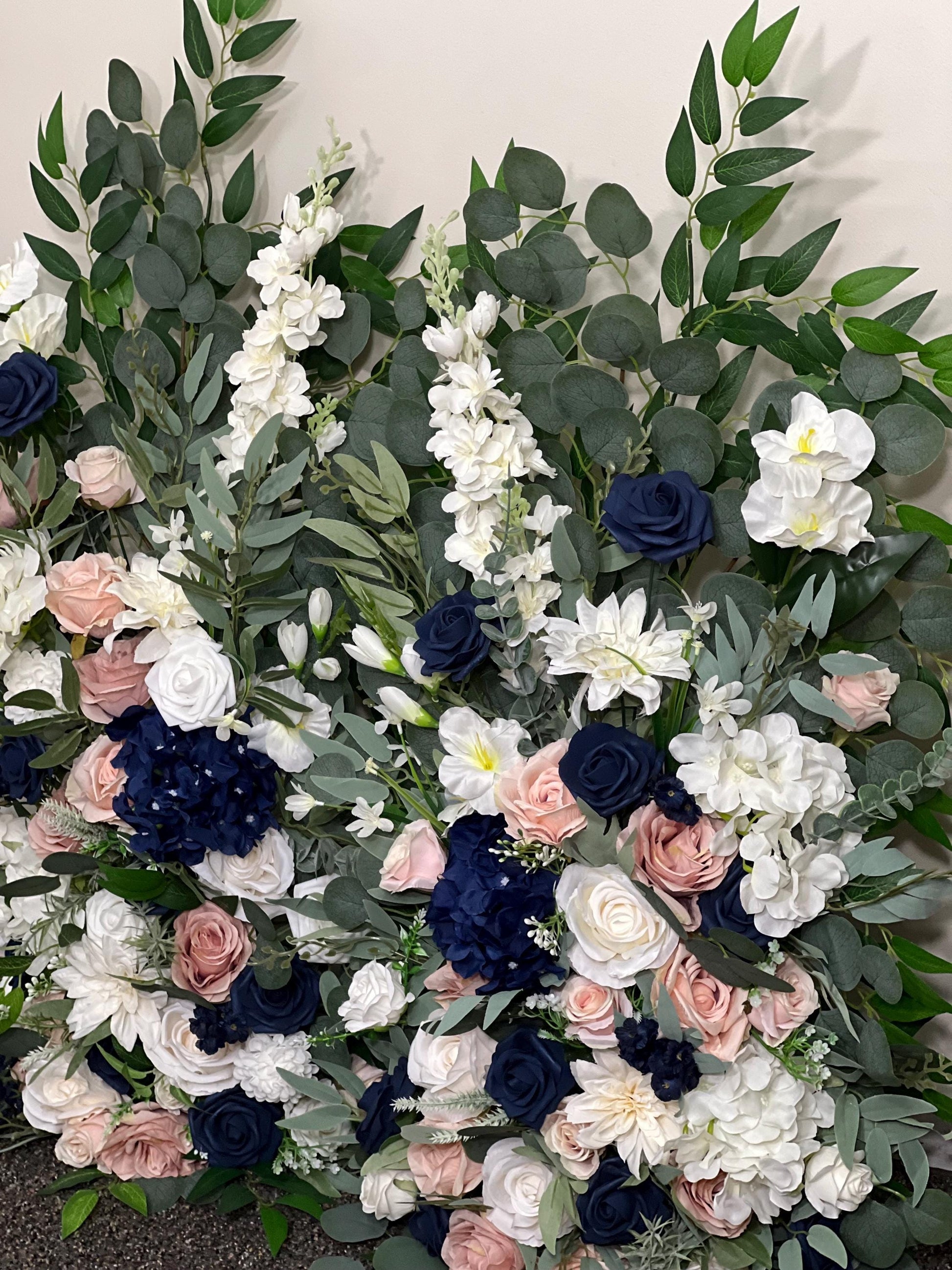 Wedding Aisle Marker Flower Floor Arrangement Whiskey Barrel Décor Dusty Rose Navy Blue White Ground Arch Blush Dark Blue