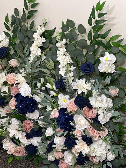 Wedding Aisle Marker Flower Floor Arrangement Whiskey Barrel Décor Dusty Rose Navy Blue White Ground Arch Blush Dark Blue