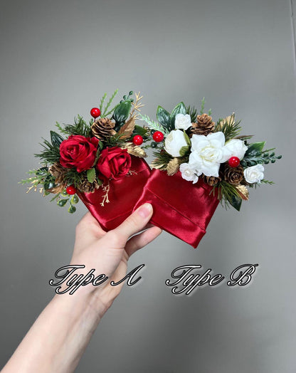 Christmas Bouquet Wedding Bridal White Bridesmaids Winter Red Tree Pine Berries Artificial Flowers