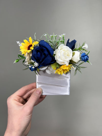 Sunflower Navy Blue Pocket Boutonniere Wedding Sunflowers Navy Blue Square Boutonniere Yellow Sunflowers White Pocket Boutonniere Artificial