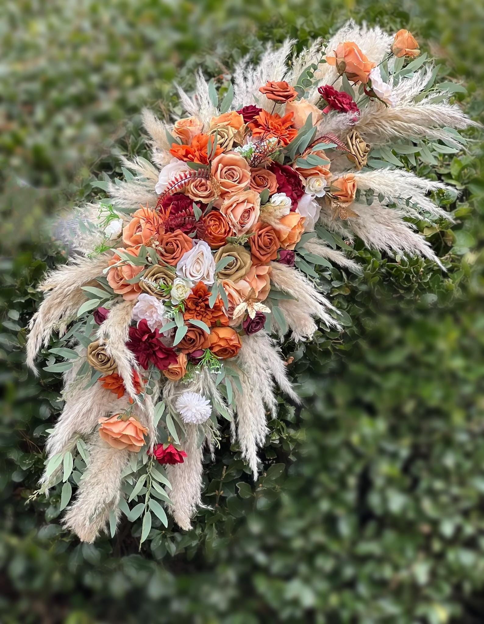 Terracotta Arch Arrangement Wedding Boho Burnt Orange Curved Arrangement Burgundy Pampas Grass Arbor Arrangement Rust White Gold Wedding