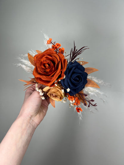 Rust Navy Blue Cake Decor Wedding Terracotta Navy Blue Cake Topper Boho Dark Blue Burnt Orange Cake Decoration Flower Artificial Topper