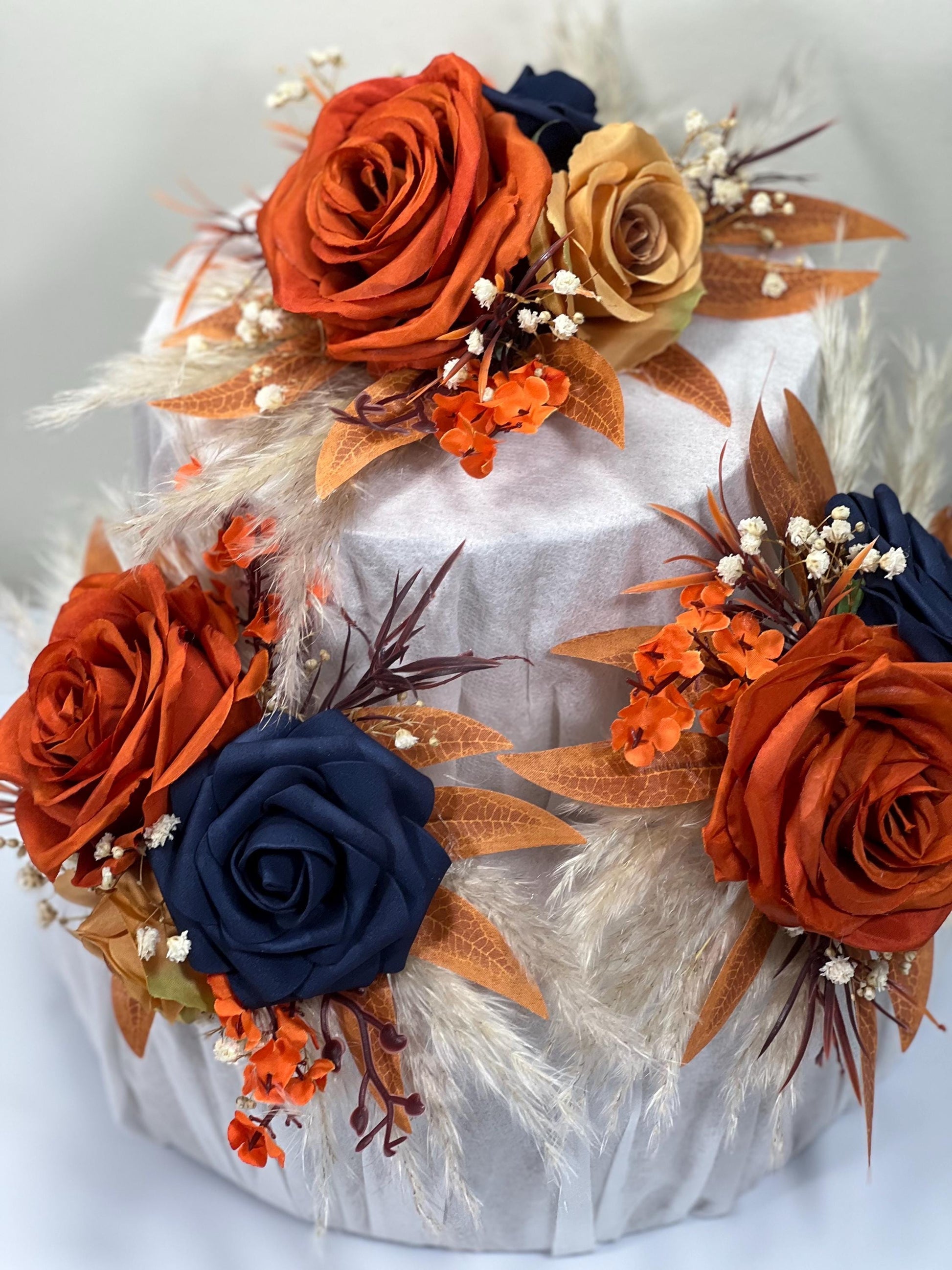 Rust Navy Blue Cake Decor Wedding Terracotta Navy Blue Cake Topper Boho Dark Blue Burnt Orange Cake Decoration Flower Artificial Topper