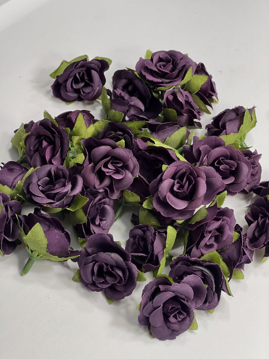 Dark Purple Flower Heads 1” Wedding Plum Flower Heads Rose Deep Purple Wedding Craft Supplies Small Plum Artificial Rose Head Dark Purple