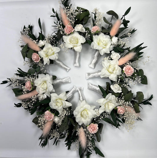 White Blush Boutonniere Wedding Eucalyptus Boutonniere Wrist Corsage Bridesmaids White Blush Mom Pink Baby Breath Accessories Artificial