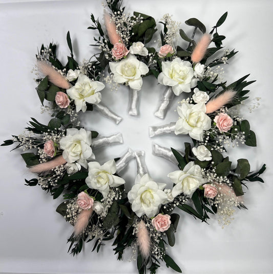White Blush Boutonniere Wedding Eucalyptus Boutonniere Wrist Corsage Bridesmaids White Blush Mom Pink Baby Breath Accessories Artificial