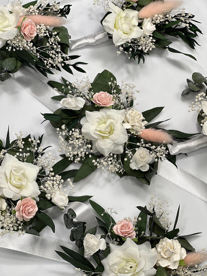 White Blush Boutonniere Wedding Eucalyptus Boutonniere Wrist Corsage Bridesmaids White Blush Mom Pink Baby Breath Accessories Artificial