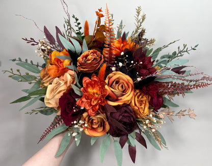 Wedding Bouquet Terracotta Burnt Orange Bridal Rust Bouquet Black Halloween Bouquet Burgundy Fall Eucalyptus Wine Red Artificial Flower