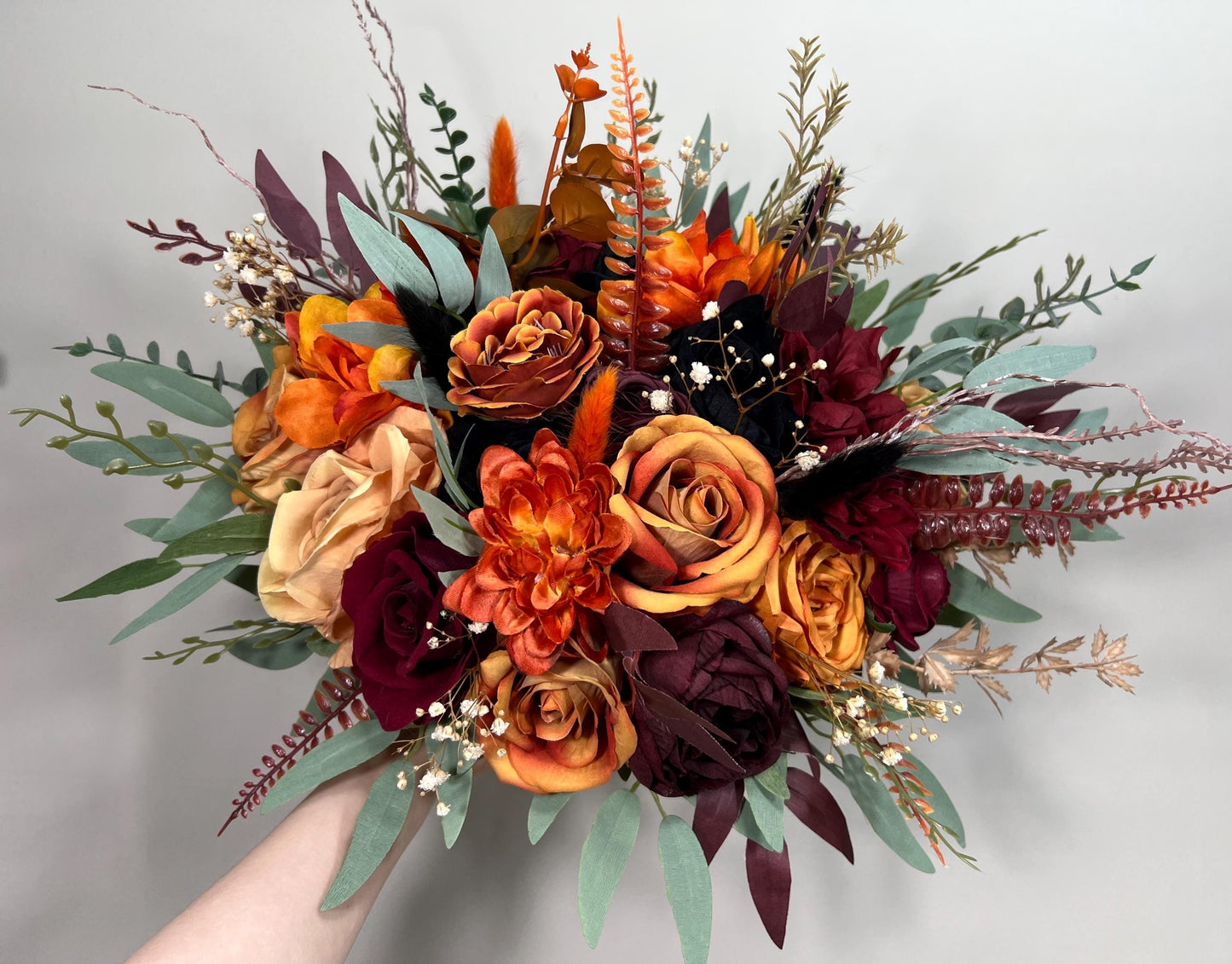 Wedding Bouquet Terracotta Burnt Orange Bridal Rust Bouquet Black Halloween Bouquet Burgundy Fall Eucalyptus Wine Red Artificial Flower