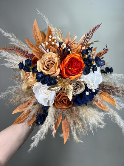 Orange Navy Blue Bouquet Wedding Boho Burnt Orange Bouquet Bridal Navy Blue Terracotta White Bouquet Bridesmaids Rust Blue Pampas Grass