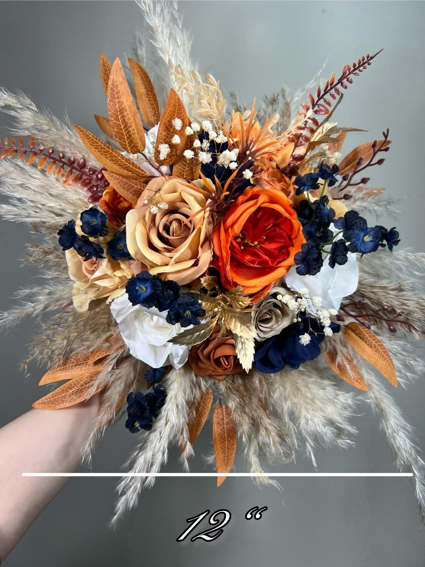 Orange Navy Blue Bouquet Wedding Boho Burnt Orange Bouquet Bridal Navy Blue Terracotta White Bouquet Bridesmaids Rust Blue Pampas Grass
