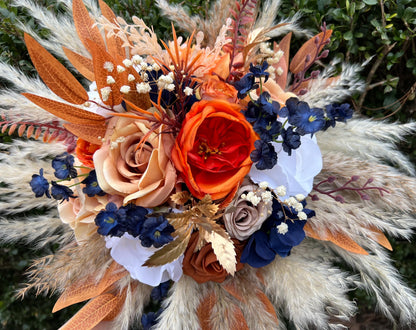 Orange Navy Blue Bouquet Wedding Boho Burnt Orange Bouquet Bridal Navy Blue Terracotta White Bouquet Bridesmaids Rust Blue Pampas Grass