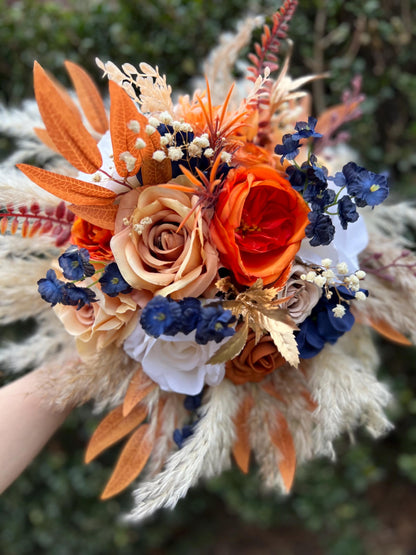 Orange Navy Blue Bouquet Wedding Boho Burnt Orange Bouquet Bridal Navy Blue Terracotta White Bouquet Bridesmaids Rust Blue Pampas Grass