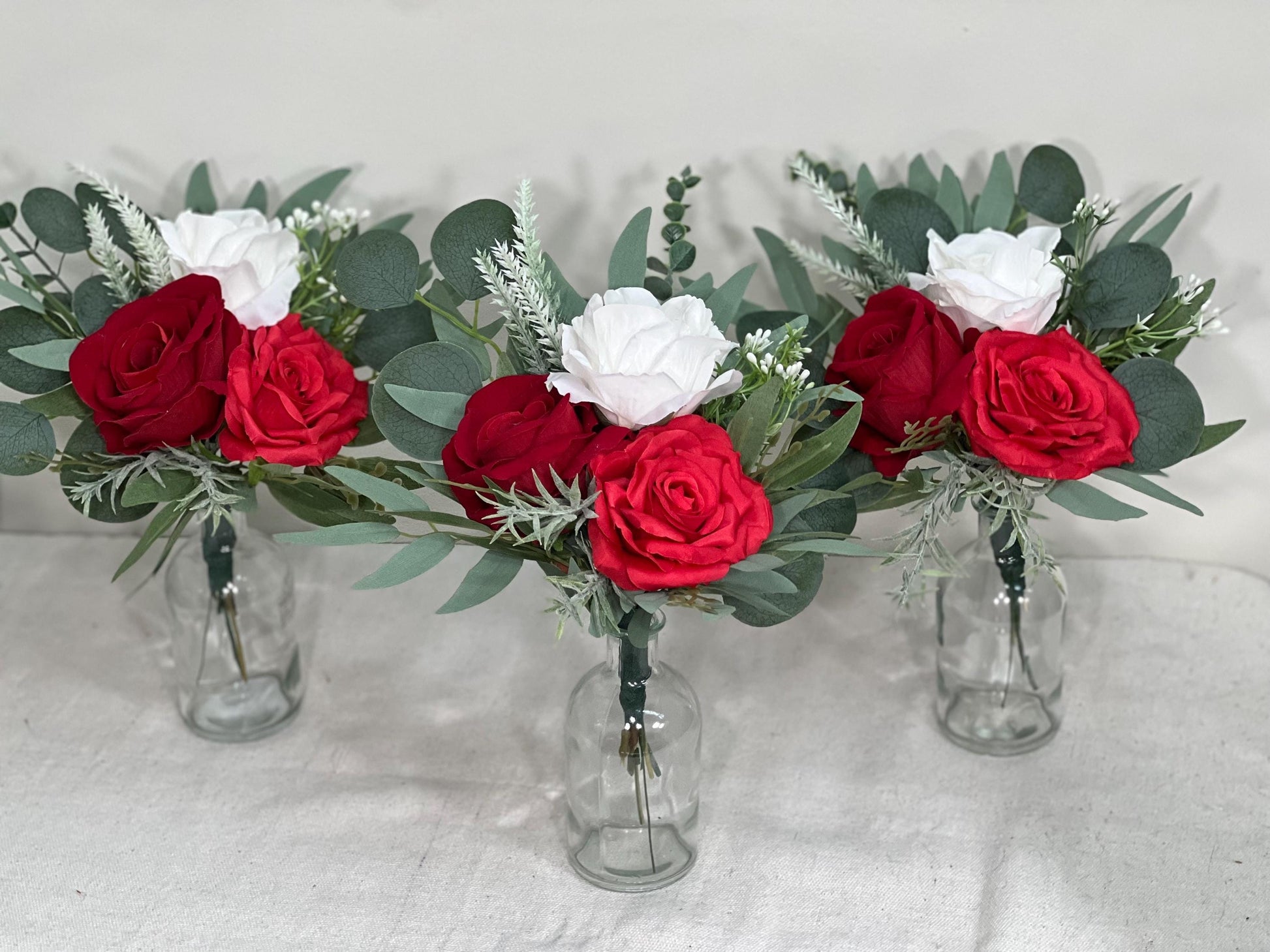 Mini Bouquets for Vases Red Centerpiece 3 Flowers Red White Mini Centerpiece Decor Red Ivory Sage Greenery Eucalyptus