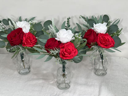 Mini Bouquets for Vases Red Centerpiece 3 Flowers Red White Mini Centerpiece Decor Red Ivory Sage Greenery Eucalyptus