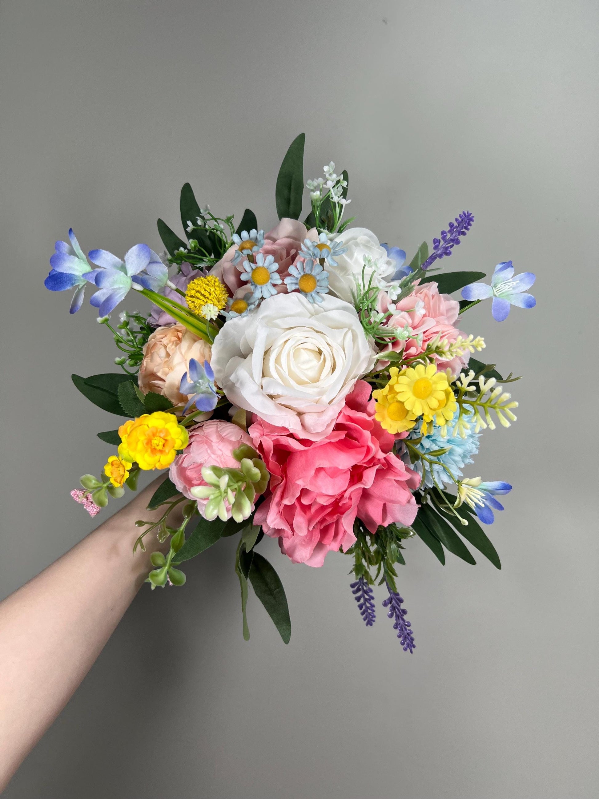Colorful Bouquet Wedding Summer Bridal Bouquet Pink Blue Bouquet Bridesmaids Wildflowers Bouquet Jewel Tone White Purple Blue Yellow