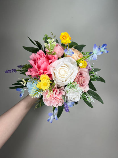 Colorful Bouquet Wedding Summer Bridal Bouquet Pink Blue Bouquet Bridesmaids Wildflowers Bouquet Jewel Tone White Purple Blue Yellow