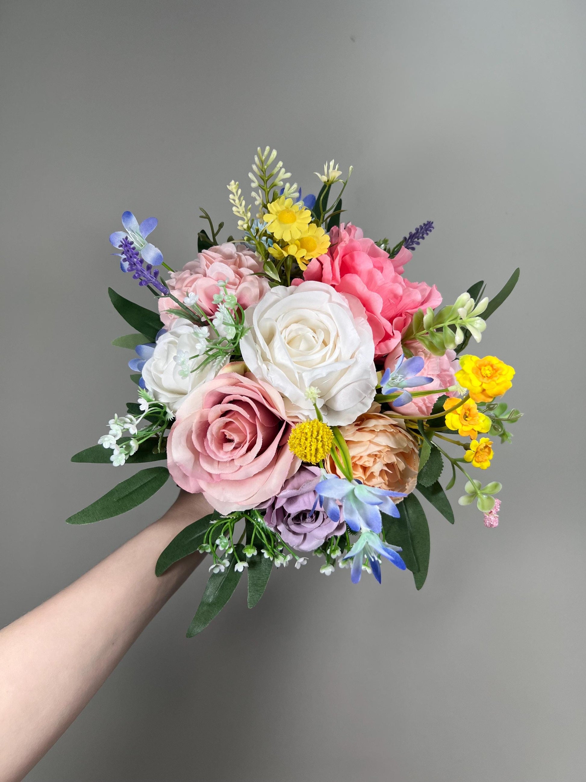 Colorful Bouquet Wedding Summer Bridal Bouquet Pink Blue Bouquet Bridesmaids Wildflowers Bouquet Jewel Tone White Purple Blue Yellow