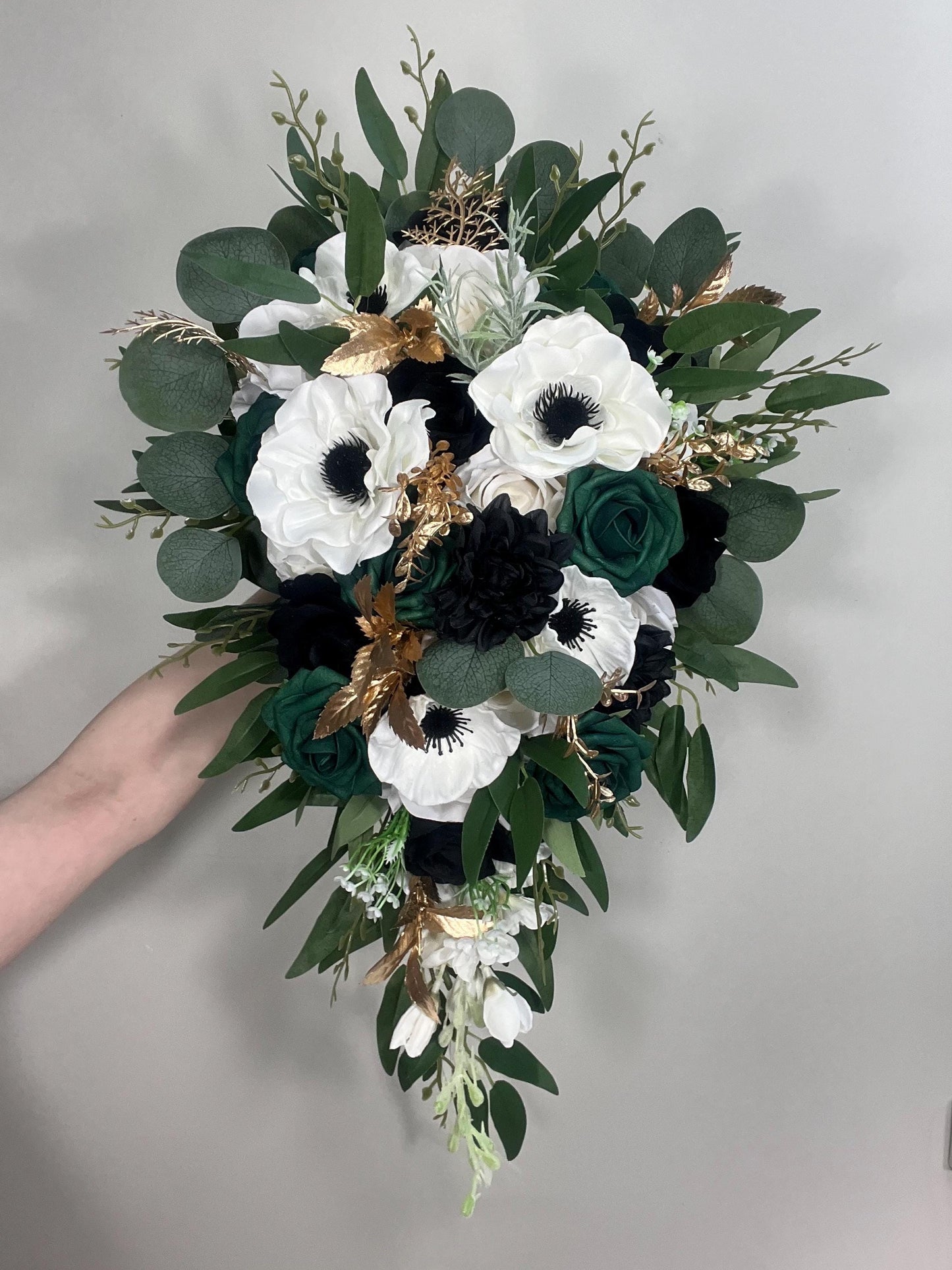 Emerald Green Bouquet Bridal Cascade White Black Bouquet Bridesmaids Emerald Green Forest Anemone Cascading Bouquet Gold Artificial Flower