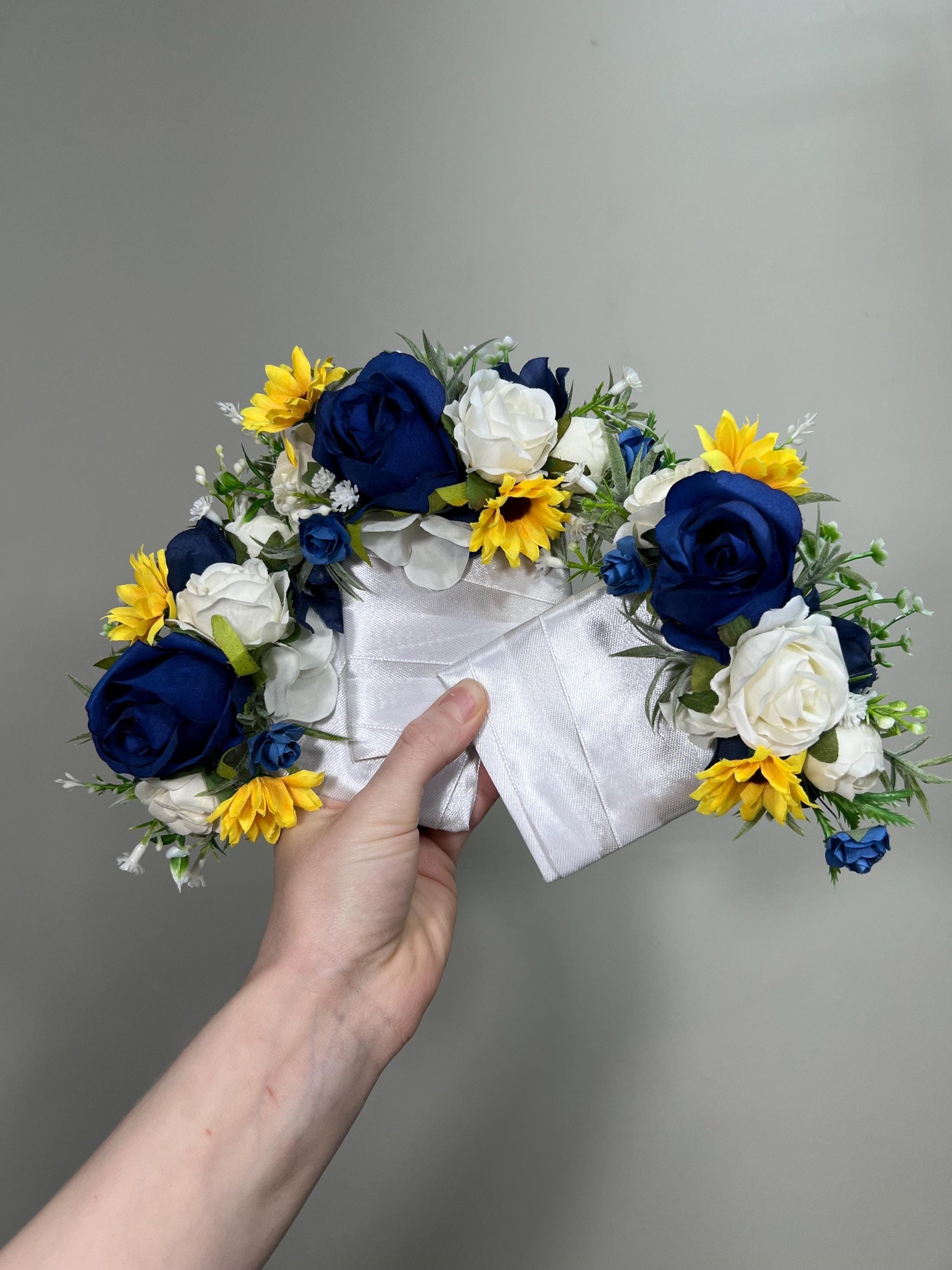 Dark Blue White Boutonnière, Wedding Groom Groomsmen Navy Blue Royal Yellow Sunflowers