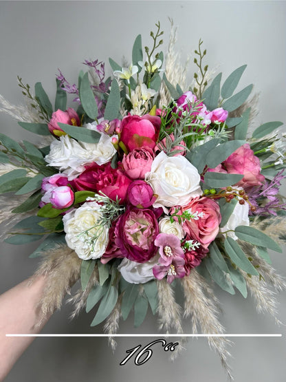 Pink Bouquet Wedding Bridal Fuchsia Bouquet White Viva Magenta Boho Bouquet Hot Pink Ivory Pampas Grass Bouquet Bridesmaids WildFlowers