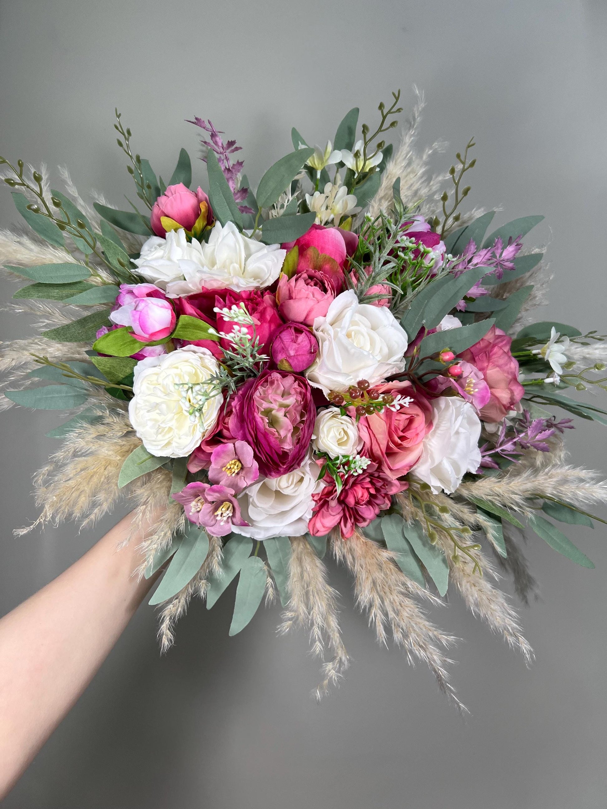 Pink Bouquet Wedding Bridal Fuchsia Bouquet White Viva Magenta Boho Bouquet Hot Pink Ivory Pampas Grass Bouquet Bridesmaids WildFlowers