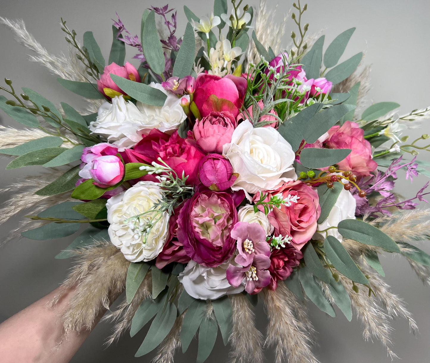 Pink Bouquet Wedding Bridal Fuchsia Bouquet White Viva Magenta Boho Bouquet Hot Pink Ivory Pampas Grass Bouquet Bridesmaids WildFlowers