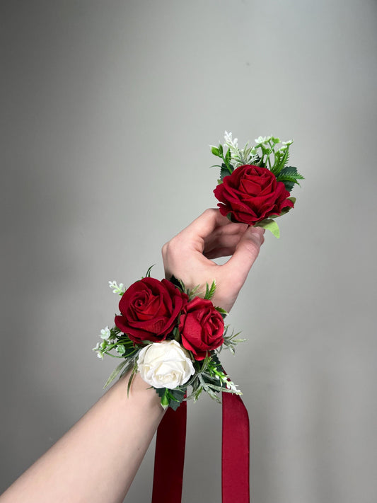 Red Corsage Wedding Corsage Wrist White Red Corsage Bridesmaids Wedding Corsage Red Ivory Mom Wrist Red Rose Corsage Prom Artificial Flower