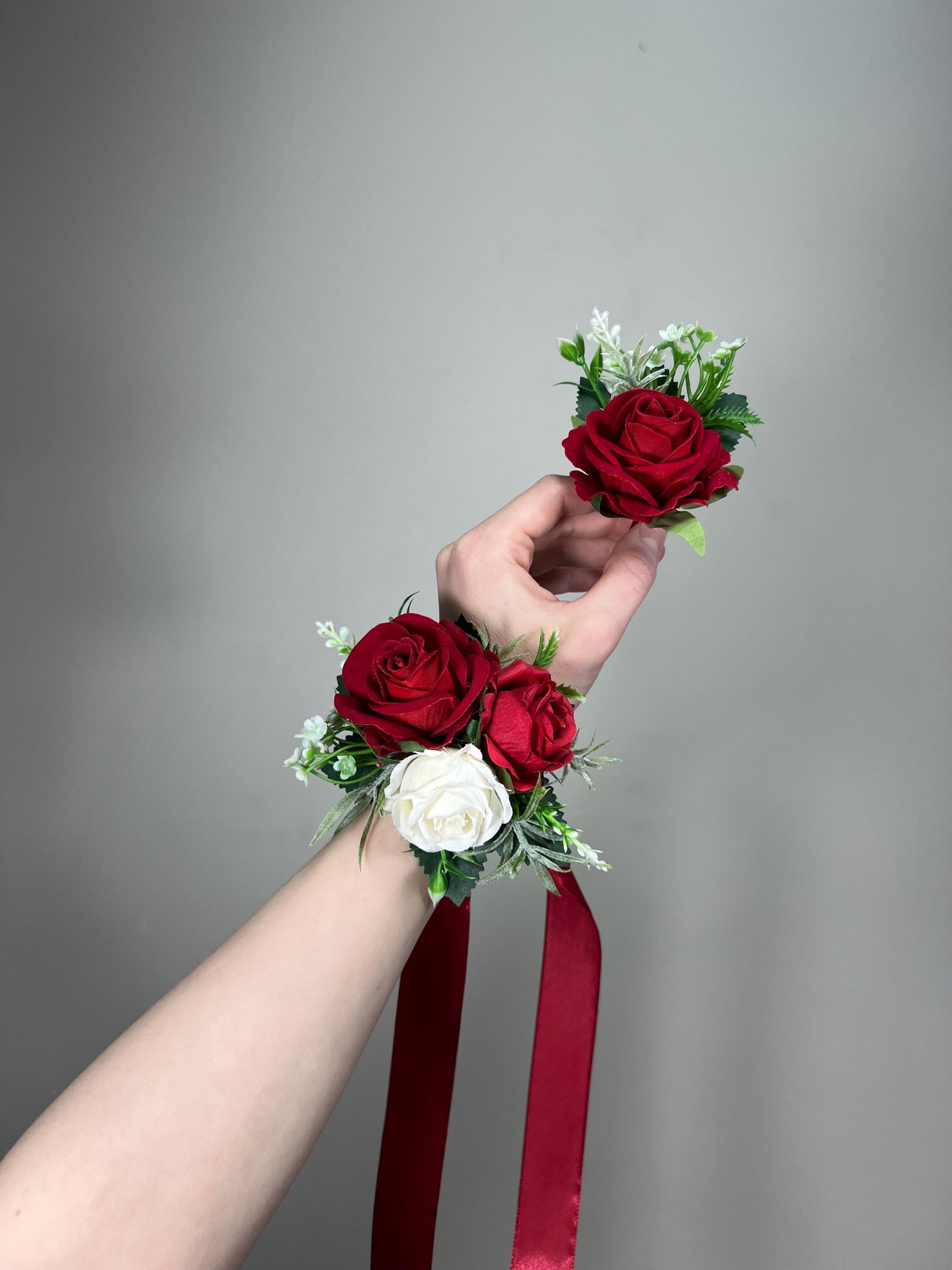 Red Corsage Wedding Corsage Wrist White Red Corsage Bridesmaids Wedding Corsage Red Ivory Mom Wrist Red Rose Corsage Prom Artificial Flower