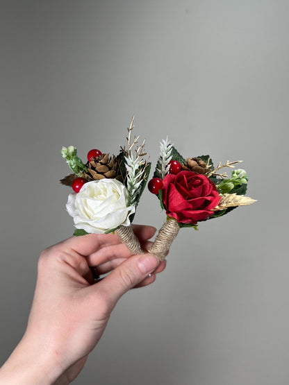 Christmas White Gold Red Boutonniere Wedding Groom Boutonnières Groomsmen Ivory Boutonnière Christmas Pine Cone Artificial Flowers